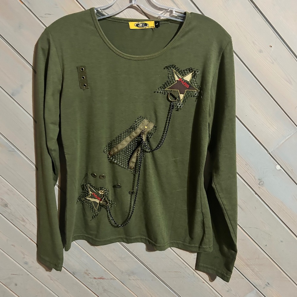 Army Green Paris Embellished Long Sleeve Top Streetwear Chic‎ Womens